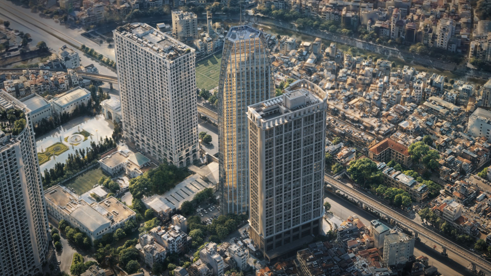 Een fotorealistische 3D-vogelvluchtweergave van een dichtbebouwde stad, ter demonstratie van de V-Ray 7 Gaussian Splats en relighting functies. Het beeld toont moderne glazen wolkenkrabbers die boven oudere, gedetailleerde stadswijken uitsteken, realistisch belicht door de zon.