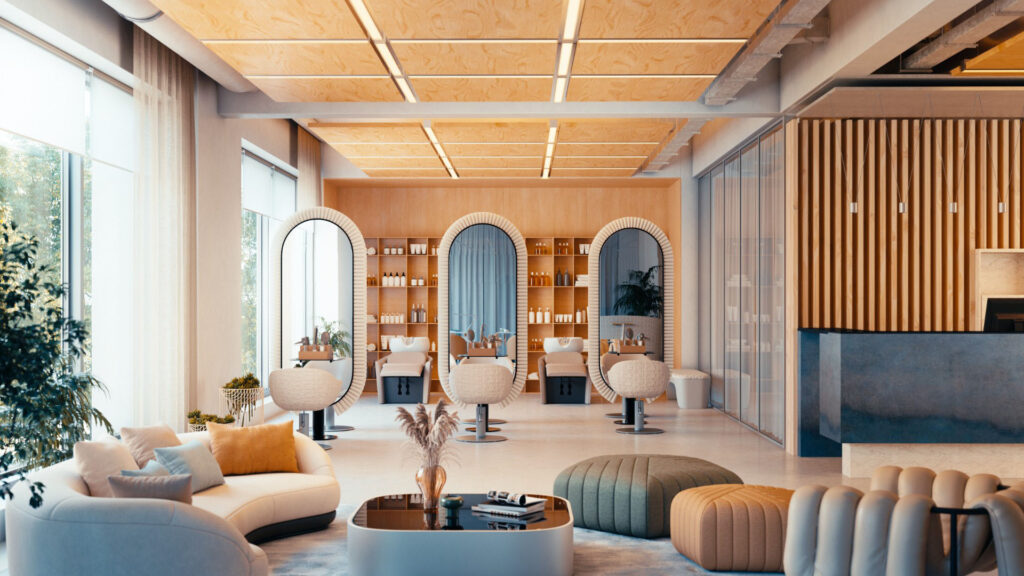 Een fotorealistische 3D-interieurrender van een moderne, luxe kapsalon, gegenereerd met V-Ray 7. De helder verlichte ruimte toont drie wastafels met grote verlichte ovale spiegels, warme houten plafond- en wandpanelen, en een stijlvolle wachtruimte met een organische bank en geribbelde poefs op de voorgrond.