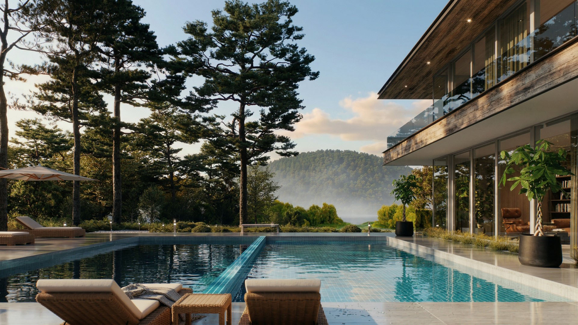 Een fotorealistische 3D-exterieurrender van een luxe moderne villa met een groot zwembad, ter demonstratie van de real-time waterweergave in Chaos Vantage en V-Ray 7. Het wateroppervlak toont nauwkeurige reflecties van de lucht, ligstoelen en de omliggende hoge pijnbomen.