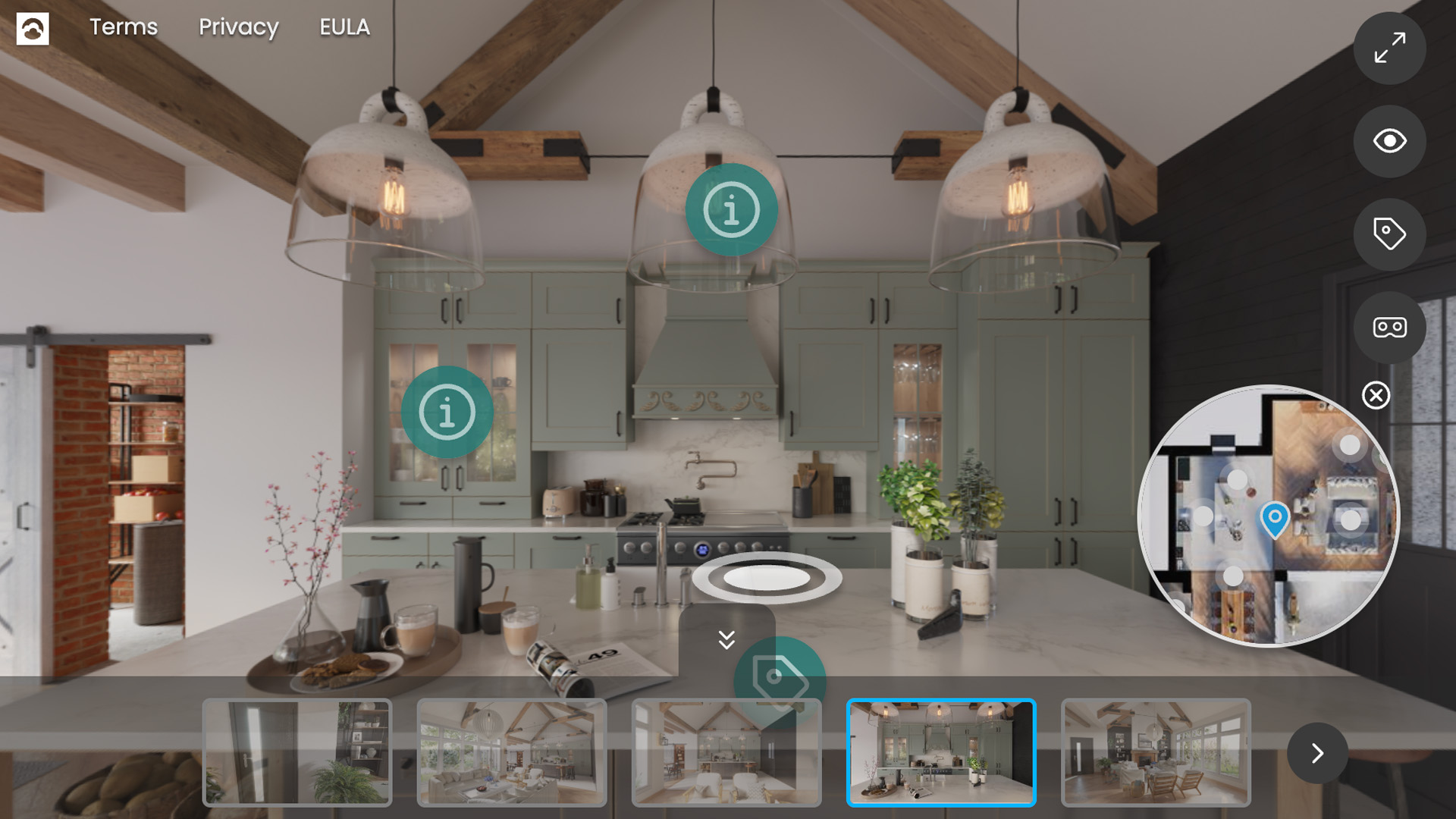 Een screenshot van een interactieve virtuele 3D-tour door een moderne keuken met groene kasten en houten balken. De interface toont klikbare informatie-icoontjes (hotspots) op de lampen en meubels, een handige minimap plattegrond aan de rechterkant voor ruimtelijke oriëntatie, en een thumbnail-galerij met camerastandpunten onderaan het scherm.