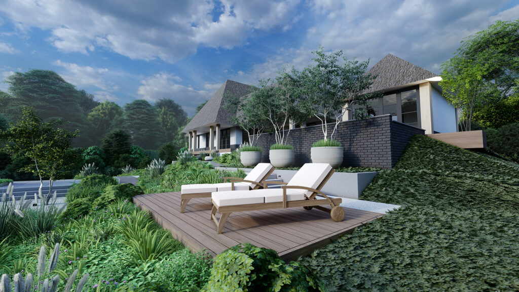 Een fotorealistische 3D-render van een luxe tuinontwerp bij een moderne villa met een rieten kap. Op de voorgrond ligt een houten vlonder met twee ligstoelen, omringd door glooiende hellingen met weelderige bodembedekkers, siergrassen en grote stenen plantenbakken onder een bewolkte blauwe lucht.