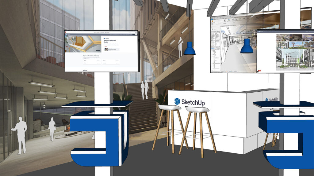 Een 3D-ontwerp van een beursstand voor SketchUp, gevisualiseerd in 3D-software. Het ruimtelijke model toont een strakke witte balie met hoge krukken, grote presentatieschermen die de software tonen, opvallende blauwe structurele elementen en een grote architectonische achtergrondprint met silhouetten van mensen.