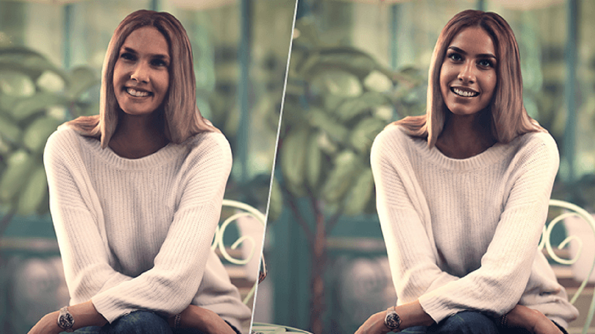Een split-screen vergelijking die de V-Ray 7 AI Enhancer functie in 3ds Max demonstreert. De linkerzijde toont een standaard 3D-render van een vrouw, terwijl de rechterzijde het aanzienlijk scherpere en meer gedetailleerde resultaat na AI-beeldverbetering laat zien.