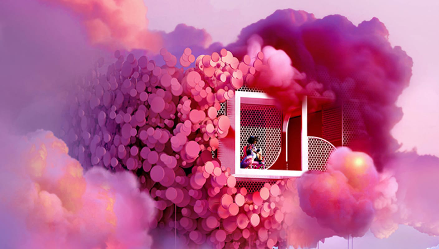 Een surrealistische, abstracte 3D-render van een structuur opgebouwd uit roze schijven, omringd door zware, volumineuze roze en paarse wolken. Binnenin een witte, strakke omlijsting is een zittend figuur zichtbaar. Deze artistieke visualisatie demonstreert de rekenkracht van Chaos Cloud's 'Live View' en 'Remote Control' functies voor het real-time renderen van complexe scènes.