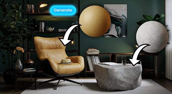 Een 3D-interieurrender die de workflow van de Chaos Corona AI Material Generator illustreert. De afbeelding toont een verlichte 'Generate' knop en witte pijlen die wijzen vanuit digitaal gegenereerde materiaalbollen (geel leer en ruw steen) naar de bijbehorende 3D-meubels in de scène, zoals een fauteuil en een salontafel.