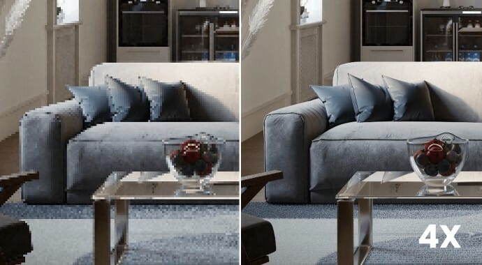 Een split-screen vergelijking van een 3D-interieurrender met een grijze bank en glazen salontafel, ter demonstratie van de Chaos Corona AI Upscaler. De linkerkant is zwaar gepixeld en heeft een lage resolutie, terwijl de rechterkant het haarscherpe resultaat na AI-upscaling toont, aangeduid met de witte tekst '4X'.