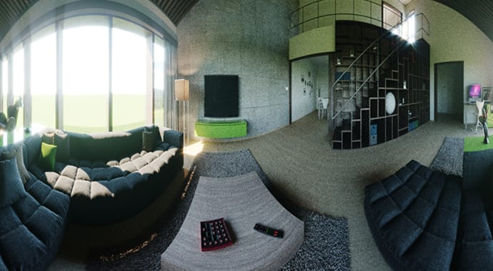Een 360-graden panoramische 3D-interieurrender van een moderne woonkamer, die de Chaos Corona Virtual Reality camera-functie demonstreert. De sferisch vervormde weergave toont een complete ruimte met een donkerblauwe bank, een strakke trap en grote ramen, perfect voorbereid voor interactieve VR-presentaties.