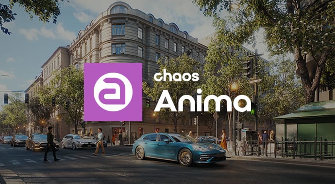 Een 3D-render van een drukke straat in de stad met een blauwe auto, klassieke gebouwen en wandelende mensen, met op de voorgrond het paarse Chaos Anima logo. Dit illustreert de krachtige integratie van Anima voor het eenvoudig toevoegen van realistische 3D-mensen en crowds aan architectuurvisualisaties.