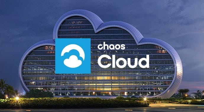 Een architectonische 3D-render van een futuristisch glazen kantoorgebouw in de vorm van een wolk, gefotografeerd tijdens de avondschemering. Centraal in beeld staat het blauwe Chaos Cloud logo, wat de krachtige en schaalbare cloud rendering service binnen het Chaos ecosysteem symboliseert.