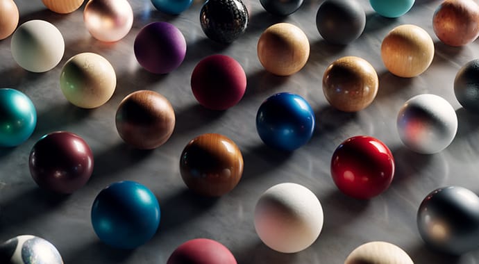 Een 3D-render van tientallen perfect gerangschikte bollen op een grijs oppervlak, elk voorzien van een uniek, uiterst realistisch materiaal zoals hout, metaal en autolak. Dit demonstreert de enorme bibliotheek van fotorealistische Chaos Scans materialen die direct in Corona te gebruiken zijn.