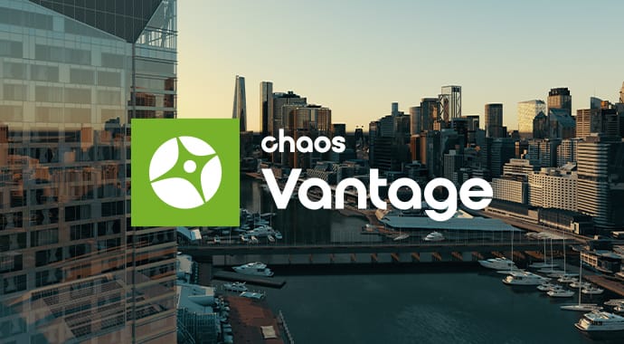 Een vogelvluchtperspectief van een uitgestrekte, moderne metropool met wolkenkrabbers en een haven bij zonsondergang, gepresenteerd met het groene Chaos Vantage logo. Dit benadrukt de realtime raytracing mogelijkheden van Chaos Vantage voor het vloeiend verkennen van grootschalige 3D-stadsmodellen.