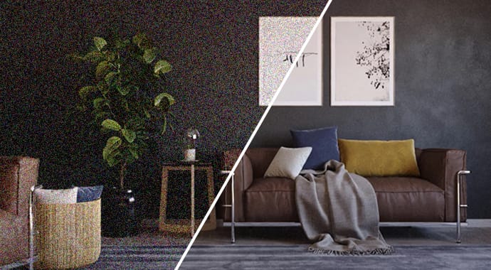 Een diagonale split-screen 3D-render van een moderne woonkamer met een bruine leren bank en een grote plant. De linkerhelft toont de scène bedekt met zware renderruis (noise), terwijl de rechterhelft het strakke en schone resultaat toont na het toepassen van de efficiënte Chaos Corona 'Denoising' functie.