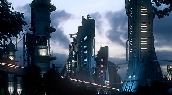 Een atmosferische, ietwat duistere 3D-render van een massief futuristisch industrieel complex met hoge torens en pijpleidingen tegen een bewolkte hemel. Deze zware, complexe scène demonstreert de kracht van Chaos Corona 'Distributed Rendering', waarmee de rekenkracht van meerdere computers kan worden gecombineerd.