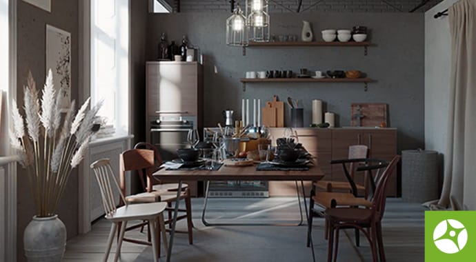 Een warme, fotorealistische 3D-interieurrender van een moderne eetkamer met een gedekte houten tafel, stoelen en zacht binnenvallend zonlicht. In de hoek staat het groene logo van Chaos Vantage, wat de naadloze link tussen Corona en Vantage voor bliksemsnelle real-time rendering illustreert.