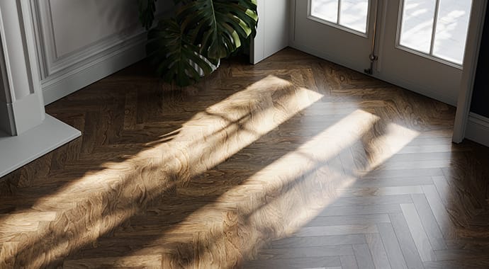 Een fotorealistische 3D-render van een houten visgraatvloer met een Monstera-plant in de hoek, belicht door scherp zonlicht dat door een glazen deur valt. Dit toont de uiterst efficiënte en nauwkeurige licht- en schaduwberekening van Chaos Corona.