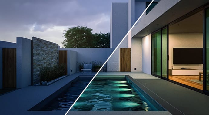 Een diagonale split-screen 3D-render van de buitenruimte van een moderne villa met zwembad. De linkerhelft toont een donkere nachtscène met sfeervolle onderwaterverlichting, terwijl de rechterhelft een heldere avondschemering laat zien. Dit demonstreert hoe Chaos Corona LightMix dag-naar-nacht overgangen interactief beheert.