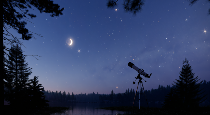 Een sfeervolle 3D-render van een telescoop op een statief, gericht op een fysiek accurate sterrenhemel met een oplichtende halve maan en silhouetten van pijnbomen aan een meer. Dit illustreert het geavanceerde, procedurele 'Night Sky' systeem van Chaos Corona.
