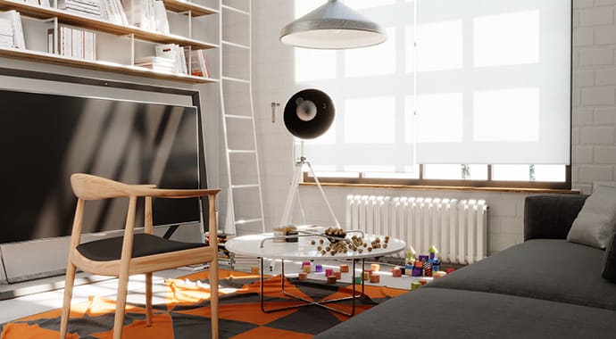 Een heldere, fotorealistische 3D-interieurrender van een moderne woonkamer, wat de automatische belichting (zonder ingewikkelde sampling parameters) van Chaos Corona demonstreert. Het natuurlijke zonlicht valt zacht naar binnen en verlicht de ruimte met een houten stoel, tv, en kleurrijk tapijt perfect en zonder technische ruis.