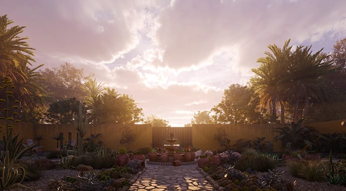 Een prachtige 3D-render van een weelderige binnentuin met palmbomen, cactussen en een klassieke waterfontein tijdens het gouden uur. Het realistische zonlicht breekt door de bewolking met zachte, volumetrische zonnestralen, ter demonstratie van het fotorealistische Chaos Corona Sun and Sky systeem.