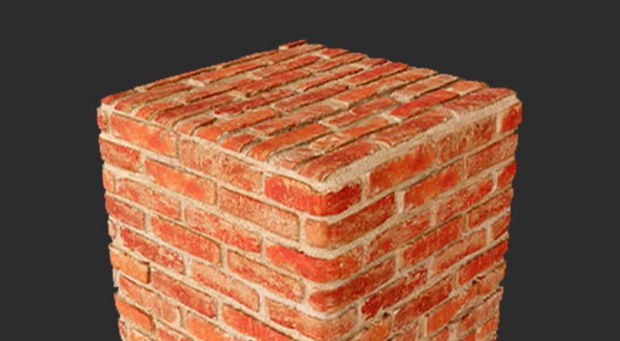 Een 3D-render van een vierkante kolom die is getransformeerd in realistische rode bakstenen. De fysiek uitstekende stenen en de diepe, ruwe voegen demonstreren de uiterst nauwkeurige 3D Displacement mapping van Chaos Corona.