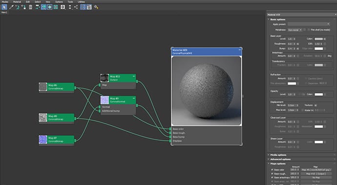 Een screenshot van de Node Material Editor interface in 3D-software die de instellingen van een 'CoronaPhysicalMtl' toont. De nodes zijn verbonden met een grijze, ruwe 3D-previewbol, wat de op fysica gebaseerde (PBR) materiaalworkflow illustreert.