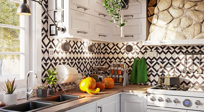 Een zonnige 3D-interieurrender van een landelijke keuken met een opvallende achterwand van zwart-witte geometrische tegels. Dit toont de kracht van de Chaos Corona Tile Map functie voor het snel genereren van complexe, procedurele tegelpatronen.