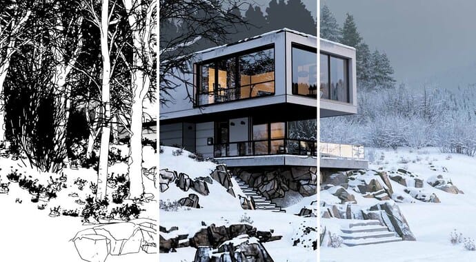 Een drieluik split-screen van een moderne woning in een winters bos, ter demonstratie van de Chaos Corona Toon Shading. Van links naar rechts verandert het beeld van een zwart-wit lijntekening naar een gekleurde cel-shaded illustratie en ten slotte naar een fotorealistische 3D-render.