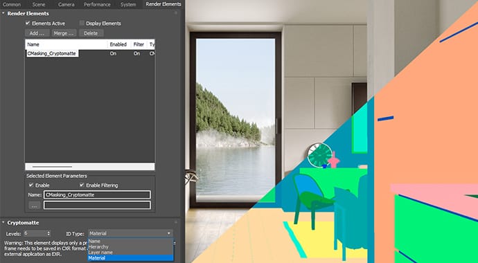 Een diagonale split-screen 3D-render van een interieur met uitzicht op een meer, gecombineerd met de Chaos Corona interface. De rechterhelft toont de scène als een felgekleurde 'Cryptomatte', een geavanceerde workflow-functie voor het extreem nauwkeurig selecteren en isoleren van materialen tijdens fotobewerking.