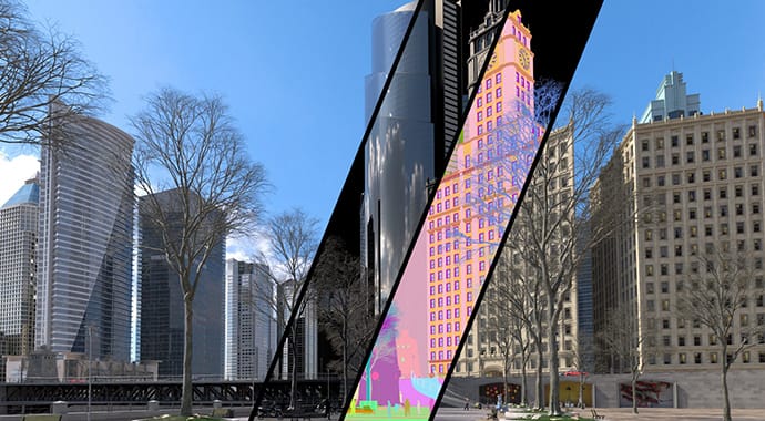 Een 3D-render van een zonnig stadsgezicht, opgesplitst in vier diagonale stroken die de verschillende 'Render Elements' van Chaos Corona tonen. Van links naar rechts toont het beeld de uiteindelijke fotorealistische render, een pure reflectie-pass, een felgekleurde maskeer-pass en een basisbelichting-pass.
