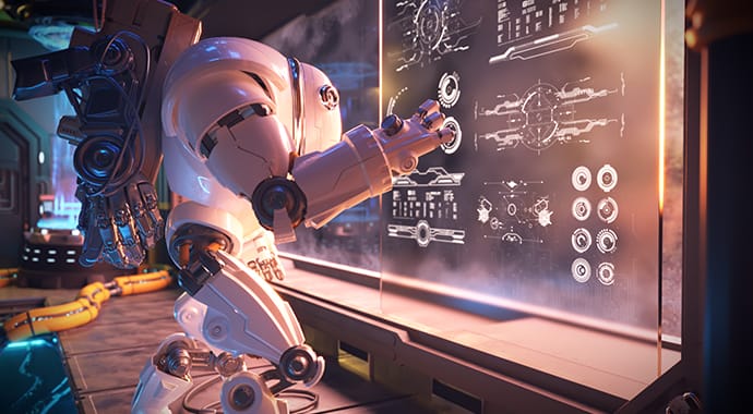 Een sci-fi 3D-render van een gedetailleerde witte robot die een verlicht, transparant digitaal datapaneel bedient, als symbool voor de veilige en betrouwbare autosave-functie in Chaos Corona.