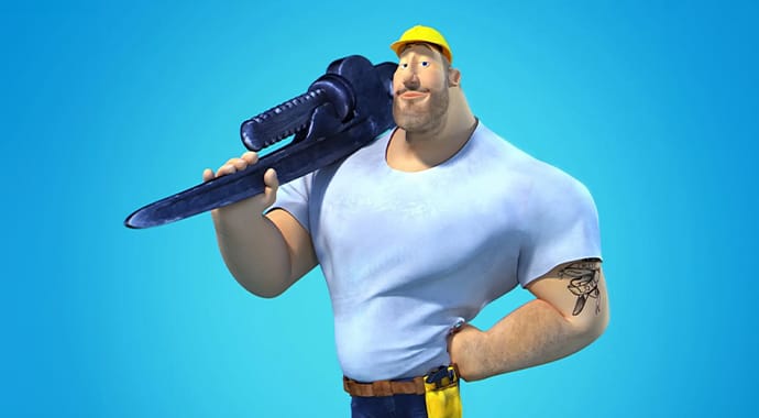 Een gestileerde 3D-render van een gespierde cartoon-klusjesman met een gele helm en een gigantische moersleutel op zijn schouder, ter illustratie van de 'Built-in Help' functie in Chaos Corona.