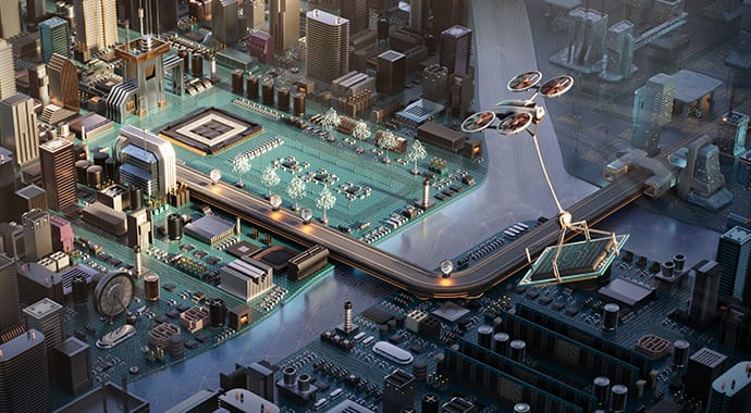 Een surrealistische 3D-render van een futuristische stad die is gebouwd op een computermoederbord. Een vliegende drone vervoert een microchip over het landschap van elektronische componenten en stadsgebouwen, wat de krachtige en efficiënte CPU-rendering van Chaos Corona symboliseert.