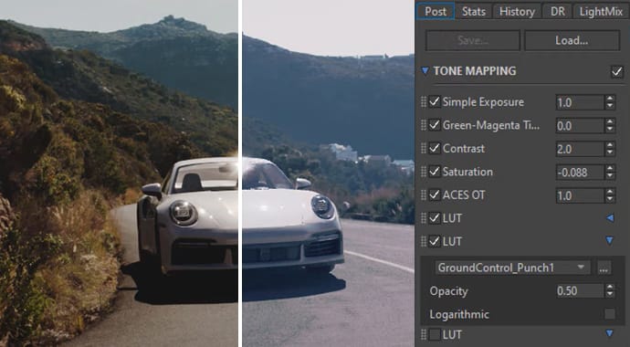 Een split-screen afbeelding van een witte sportauto op een bergweg, gecombineerd met de interface van de Chaos Corona VFB (Virtual Frame Buffer) die actieve 'Tone Mapping' en LUT-instellingen toont voor uitgebreide in-render post-processing.