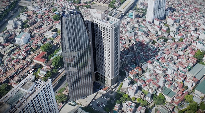 Een 3D-vogelvluchtperspectief van een dichtbebouwde stad met een moderne, glazen wolkenkrabber in het centrum, ter demonstratie van de Chaos Corona Gaussian Splats ondersteuning.