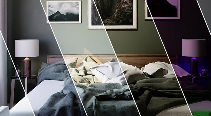 Een 3D-render van een comfortabele slaapkamer, diagonaal opgesplitst in vier verschillende lichtscenario's (van helder daglicht tot warm en koel nachtlicht). Dit demonstreert de kracht van de Chaos Corona LightMix functie, waarmee belichting na het renderen realtime kan worden aangepast.