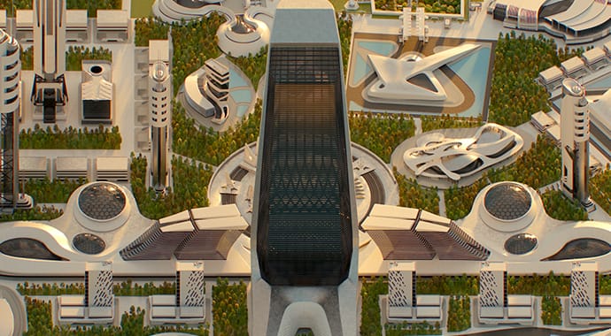 Een zonnig vogelvluchtperspectief van een uitgestrekte, futuristische en utopische stad met organische, witte gebouwen en groene parken. Dit complexe architectonische landschap demonstreert de naadloze integratie van Chaos Corona met Chaos Vantage voor vloeiende real-time 3D-rendering en verkenning.