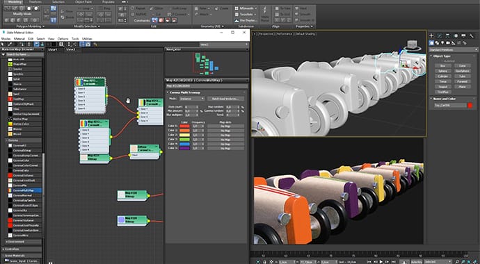 Een screenshot van de 3ds Max interface met de Slate Material Editor en een actieve Chaos Corona render van houten speelgoedauto's. Dit demonstreert dat de gebruikersinterface volledig responsief en onbeblokkeerd blijft, zelfs tijdens zware renderprocessen.