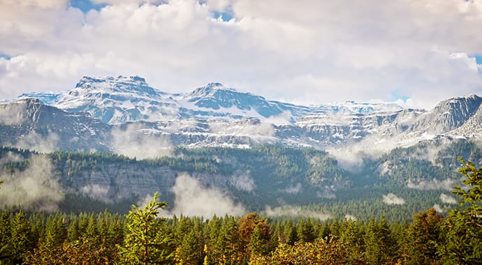 Een majestueuze 3D-landschapsrender van besneeuwde bergtoppen en een uitgestrekte vallei gevuld met mist en miljoenen naaldbomen. Dit epische natuurbeeld demonstreert de enorme rekenkracht van Chaos Scatter voor het efficiënt verspreiden van gigantische hoeveelheden 3D-vegetatie.