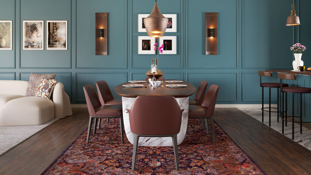 Een luxe 3D-interieurrender van een stijlvolle eetkamer met donkerrode leren stoelen, een marmeren eettafel en een donkerblauwe muur met houten wandlampen.