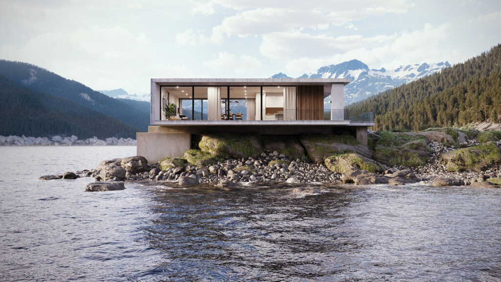 Een architectonische 3D-exterieurrender van een strakke, moderne betonvilla gebouwd op een rotsachtige oever aan een meer, omringd door bossen en bergen.