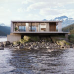 Een architectonische 3D-exterieurrender van een strakke, moderne betonvilla gebouwd op een rotsachtige oever aan een meer, omringd door bossen en bergen.