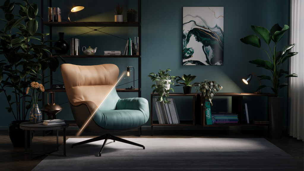 Een split-screen 3D-interieurrender van een woonkamer; links de originele render en rechts een verbeterde versie met hoogwaardige Chaos Scans en Cosmos assets, zoals een groene fauteuil.
