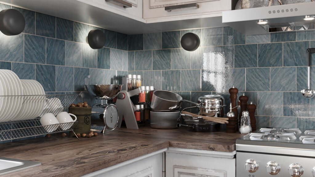 Een fotorealistische 3D-interieurrender van een keuken met een marmeren wandtegel en diverse roestvrijstalen kookgerei op het aanrecht.
