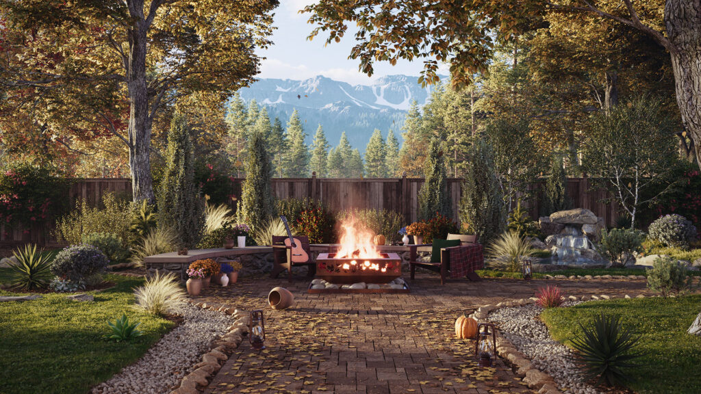 Een fotorealistische 3D-render van een sfeervolle achtertuin in de herfst, gegenereerd met Chaos Corona. Centraal staat een brandende vuurplaats op een bestraat terras bedekt met herfstbladeren, omringd door houten stoelen, een gitaar en pompoenen. De weelderig begroeide tuin toont gedetailleerde planten, een kleine rotswaterval en hoge bomen, met majestueuze bergen op de achtergrond.