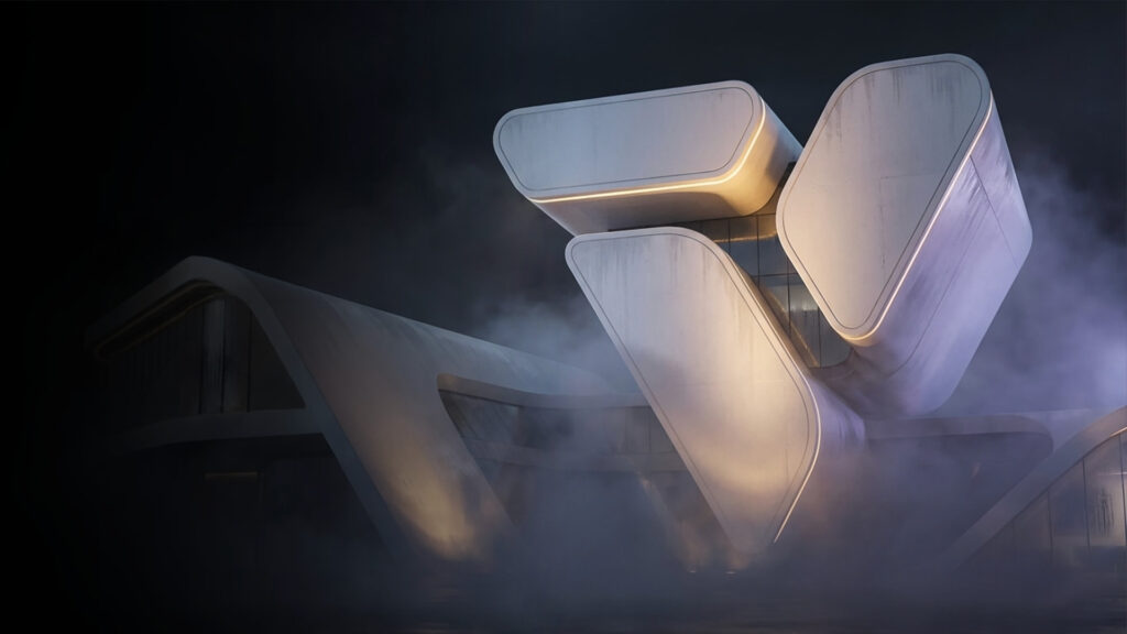 An atmospheric, futuristic 3D render of a conceptual building, generated with Chaos Veras 4.4 AI software. The abstract architecture consists of massive, smooth white volumes with rounded corners and warm, glowing edges, dramatically presented in dense, volumetric fog against a dark night background.