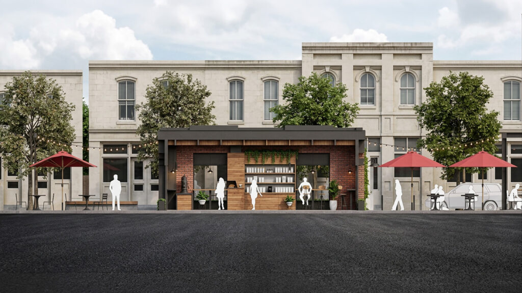 A 3D architectural visualization of a modern coffee bar design, featured in the 2026 SketchUp Mid-Year Promo. The image displays a flat, frontal view of a cafe structure with brick and wood accents, white human silhouettes, red umbrellas, and bistro string lights against a backdrop of classic building facades.