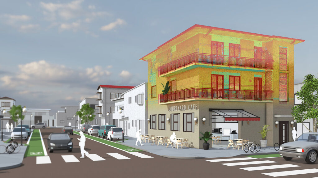 Een SketchUp-visualisatie van een straatgezicht die de integratie van 3D-scandata demonstreert. Het 3D-model van een hoekpand met een café op de begane grond wordt deels overlapt door een felgekleurde, ruwe point cloud (puntenwolk), wat de efficiënte scan-to-BIM workflow illustreert.