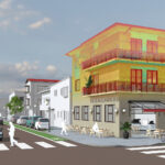 Een SketchUp-visualisatie van een straatgezicht die de integratie van 3D-scandata demonstreert. Het 3D-model van een hoekpand met een café op de begane grond wordt deels overlapt door een felgekleurde, ruwe point cloud (puntenwolk), wat de efficiënte scan-to-BIM workflow illustreert.