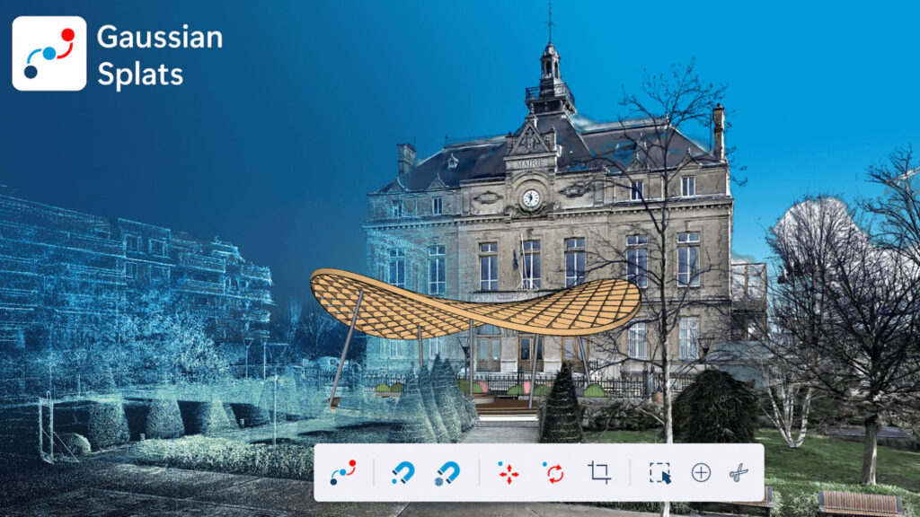 Illustratie van een gaussian splat gecombineerd met een SketchUp model