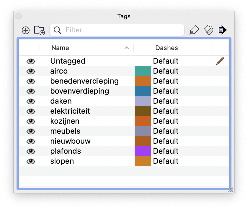 Tags dialoog box in SketchUp